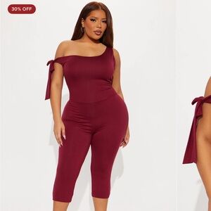 Fashion Nova One-Shoulder Burgundy Jumpsuit